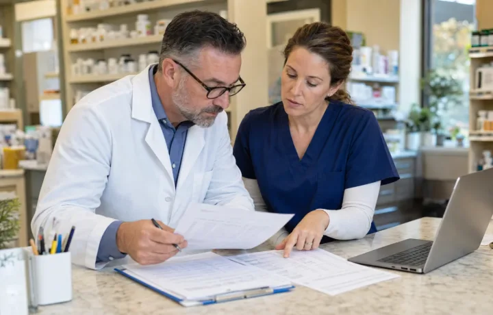Independent pharmacy professionals reviewing inventory and financial records at a community pharmacy counter.