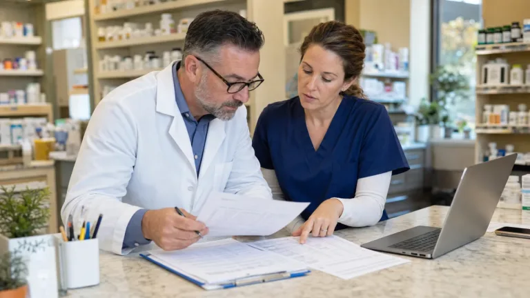 Independent pharmacy professionals reviewing inventory and financial records at a community pharmacy counter.
