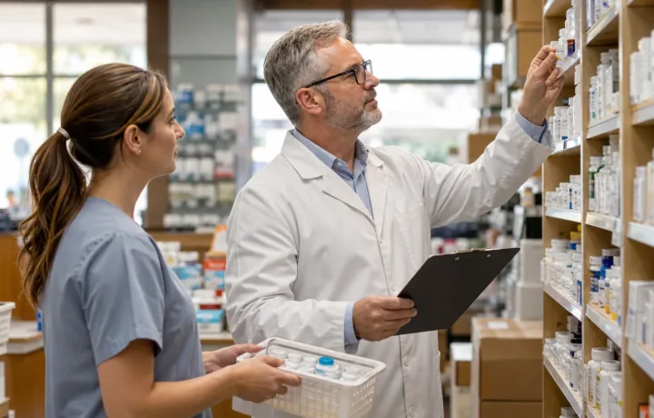Pharmacy professionals reviewing medicine inventory on shelves in an independent community pharmacy.