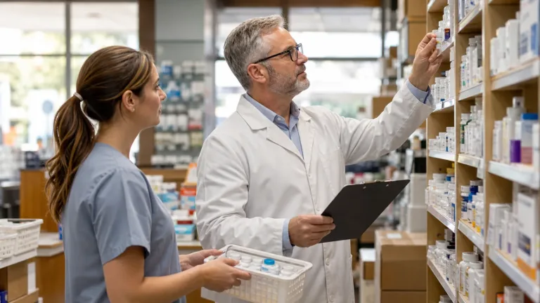 Pharmacy professionals reviewing medicine inventory on shelves in an independent community pharmacy.