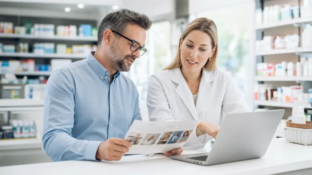 Independent pharmacy owner and pharmacist reviewing service marketing materials together.