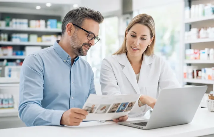 Independent pharmacy owner and pharmacist reviewing service marketing materials together.