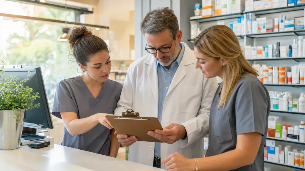 Independent pharmacy team holding a focused opening huddle around a clipboard.