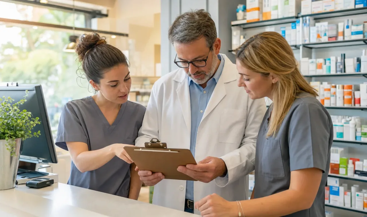 Independent pharmacy team holding a focused opening huddle around a clipboard.