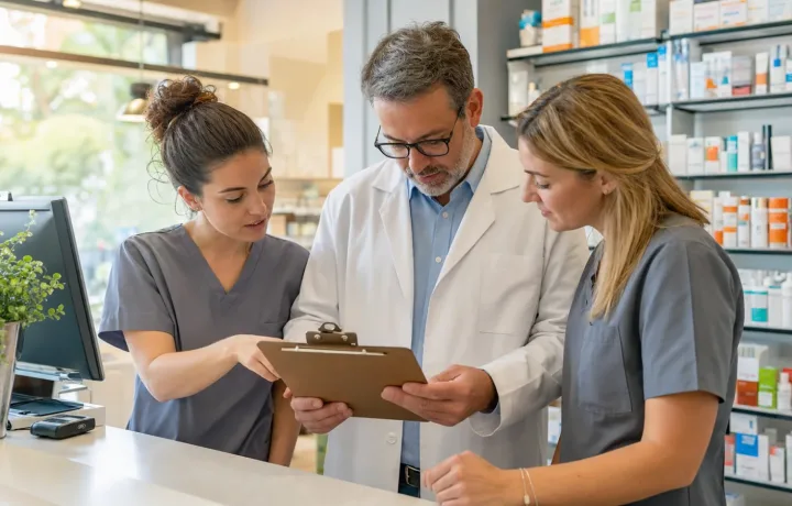Independent pharmacy team holding a focused opening huddle around a clipboard.