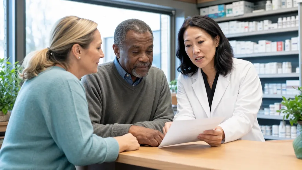 Community pharmacist meeting with an adult patient and family caregiver in a private pharmacy consultation area.