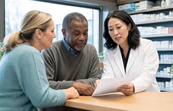 Community pharmacist meeting with an adult patient and family caregiver in a private pharmacy consultation area.