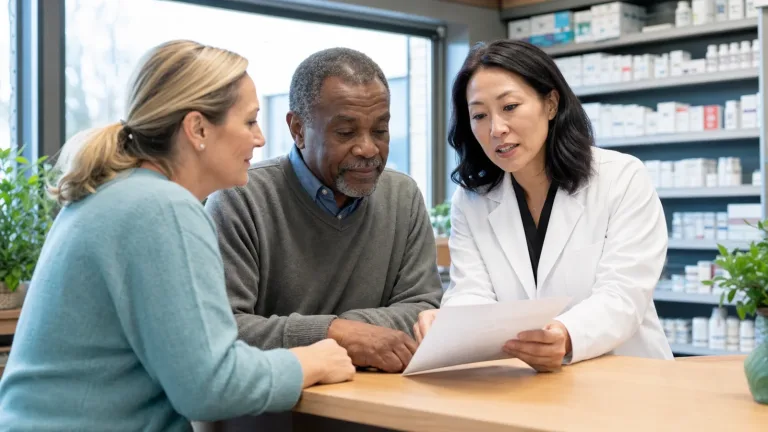 Community pharmacist meeting with an adult patient and family caregiver in a private pharmacy consultation area.
