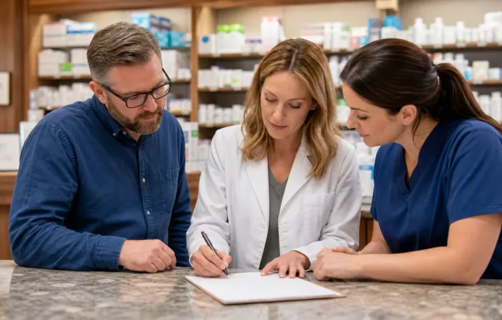 Independent pharmacy owner, pharmacist, and technician reviewing a readiness checklist together.