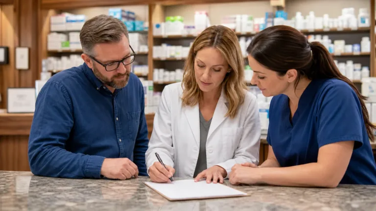 Independent pharmacy owner, pharmacist, and technician reviewing a readiness checklist together.