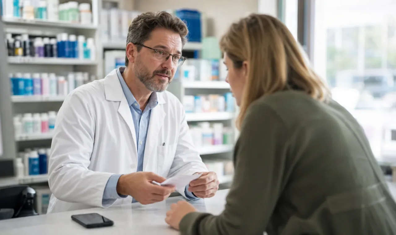 Community pharmacist helping an adult patient understand a prescription access question at an independent pharmacy counter.