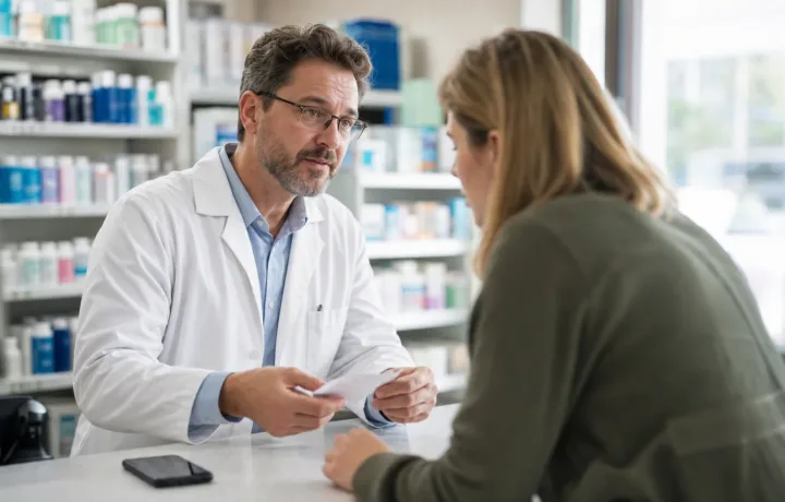 Community pharmacist helping an adult patient understand a prescription access question at an independent pharmacy counter.