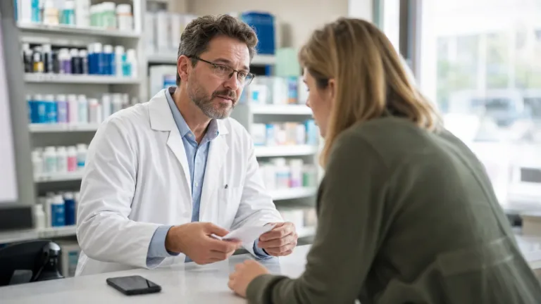 Community pharmacist helping an adult patient understand a prescription access question at an independent pharmacy counter.