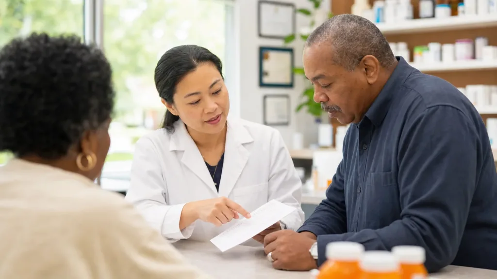 Community pharmacist reviewing a medication plan with adult patients in a private pharmacy consultation area.