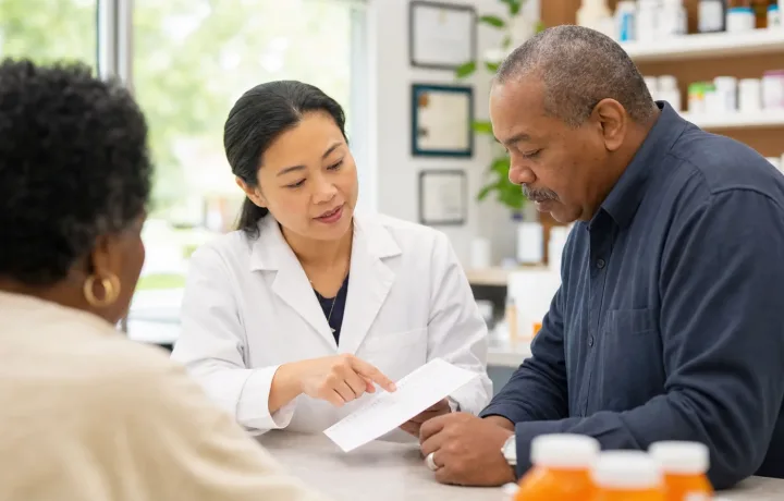 Community pharmacist reviewing a medication plan with adult patients in a private pharmacy consultation area.