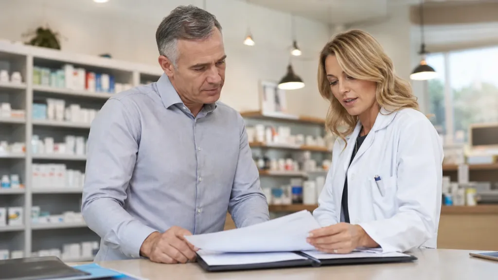 Independent pharmacy owner and pharmacist reviewing policy documents in a community pharmacy.