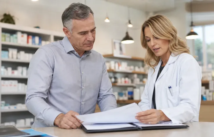 Independent pharmacy owner and pharmacist reviewing policy documents in a community pharmacy.